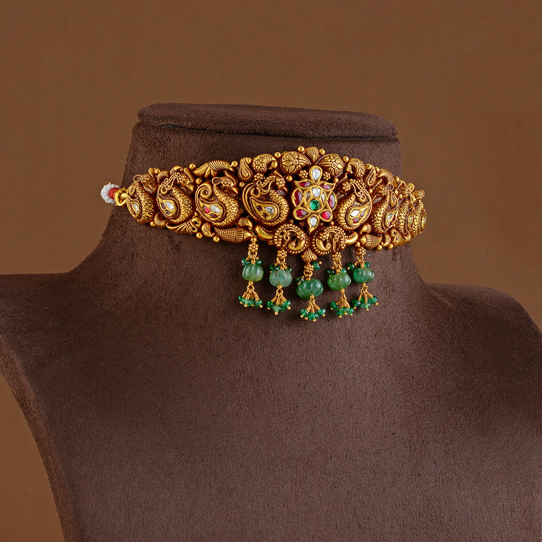 Gold Choker Necklace in Peacock Motif - Krishna Jewellers Pearls and Gems