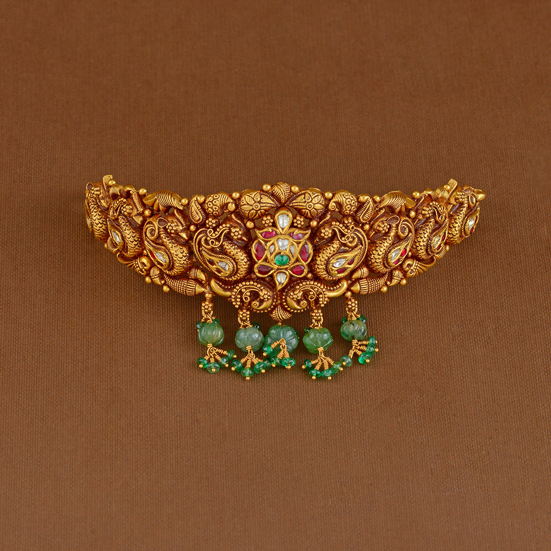 Gold Choker Necklace in Peacock Motif - Krishna Jewellers Pearls and Gems