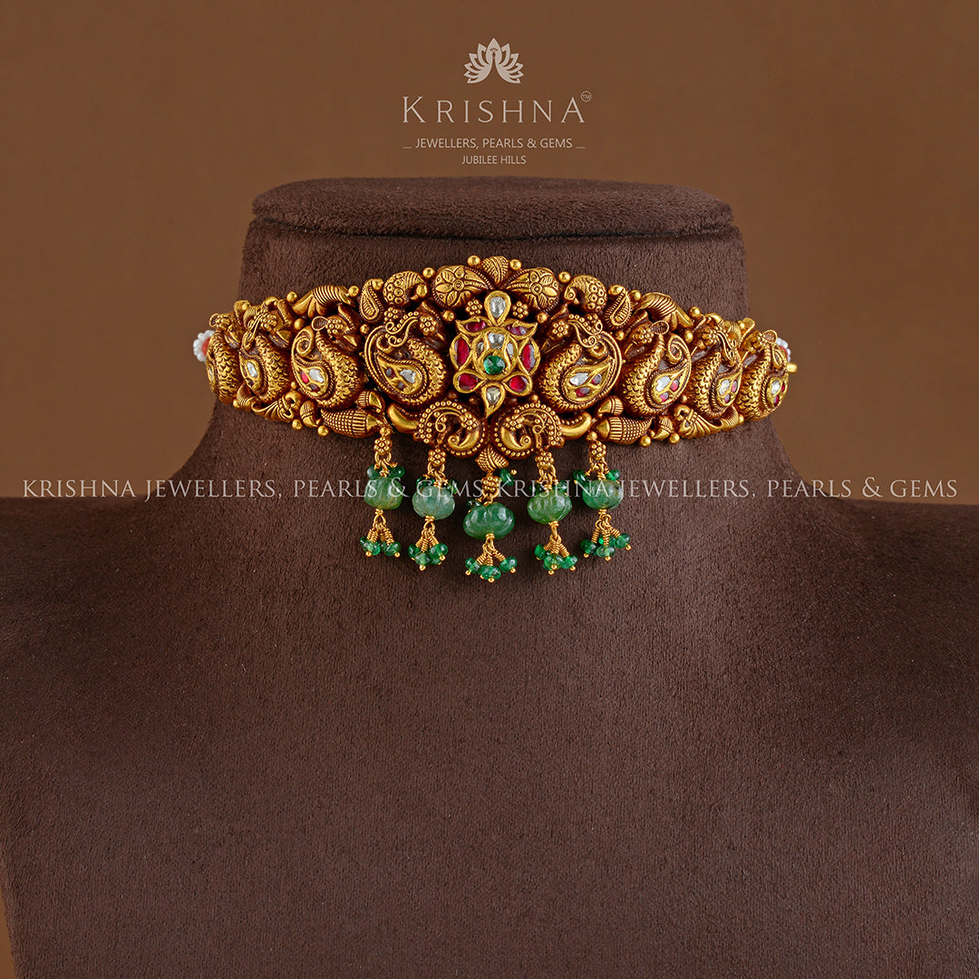 Gold Choker Necklace in Peacock Motif - Krishna Jewellers Pearls and Gems