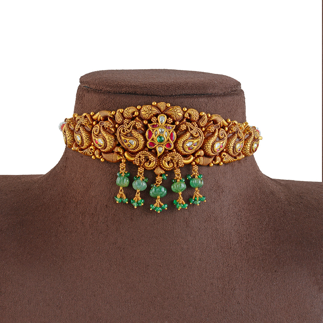 Gold Choker Necklace in Peacock Motif - Krishna Jewellers Pearls and Gems