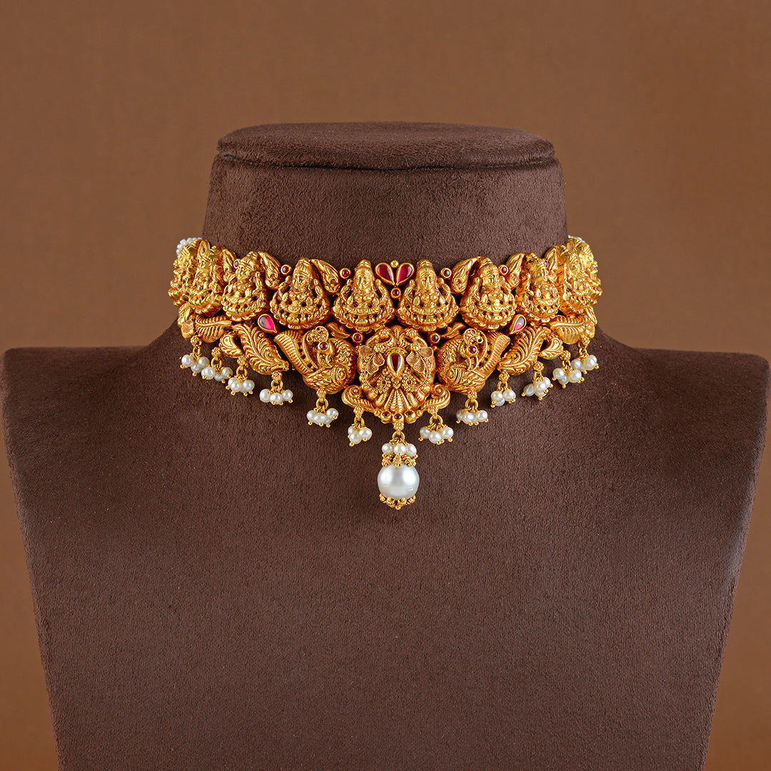 916 Gold Laxmi Choker Necklace - Krishna Jewellers Pearls and Gems
