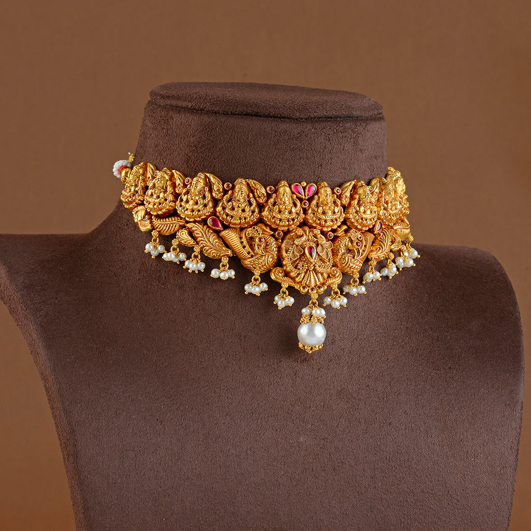 916 Gold Laxmi Choker Necklace - Krishna Jewellers Pearls and Gems