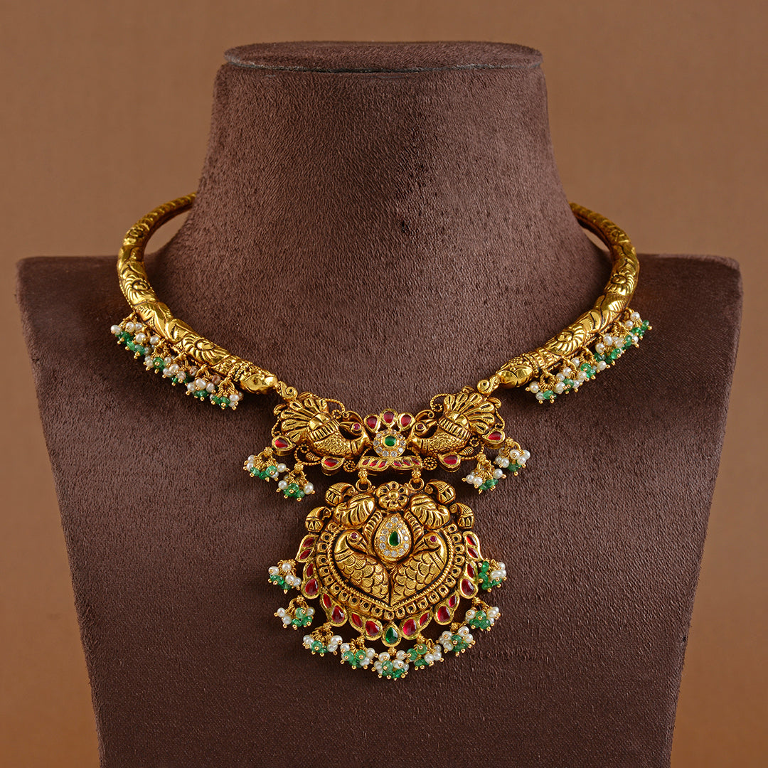 22k Gold Kanti Necklace With Emerald Beads - Krishna Jewellers Pearls and Gems