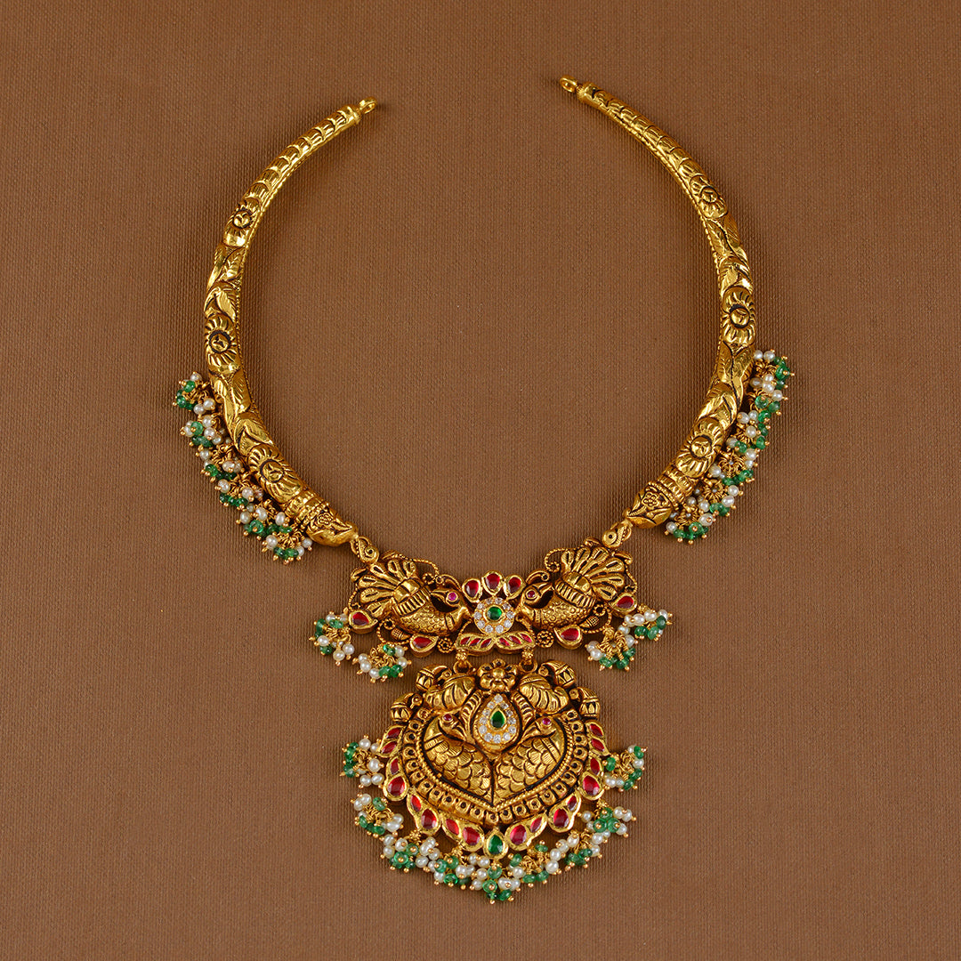 22k Gold Kanti Necklace With Emerald Beads - Krishna Jewellers Pearls and Gems