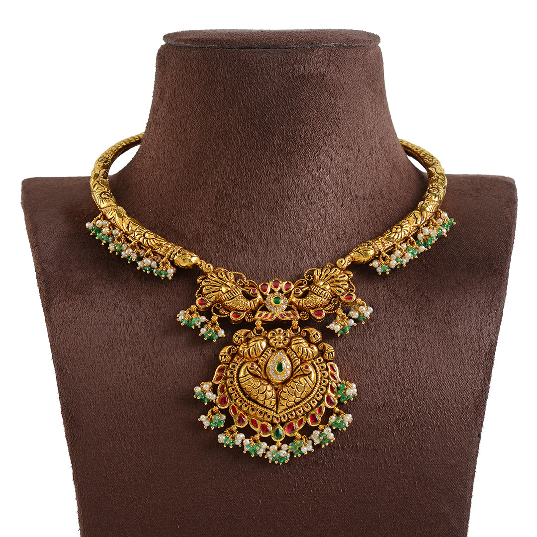 22k Gold Kanti Necklace With Emerald Beads - Krishna Jewellers Pearls and Gems
