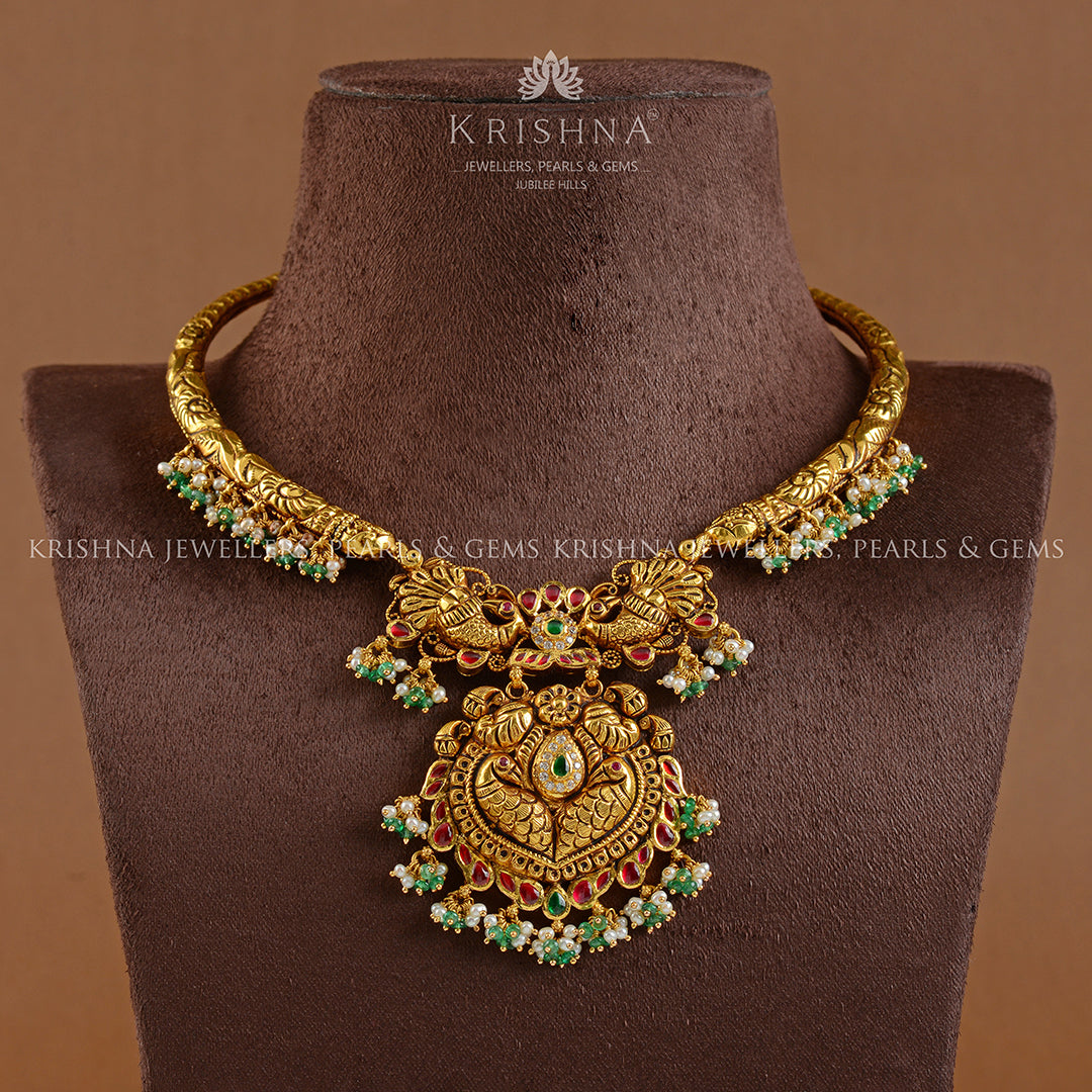 22k Gold Kanti Necklace With Emerald Beads - Krishna Jewellers Pearls and Gems