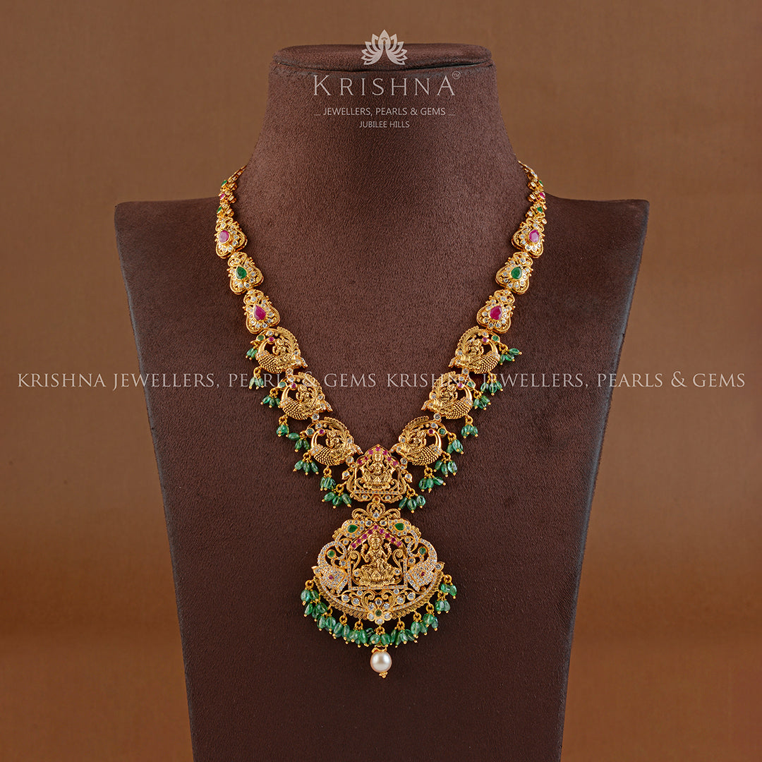 22K Gold Long Haram in Lakshmi Motif - Krishna Jewellers Pearls and Gems