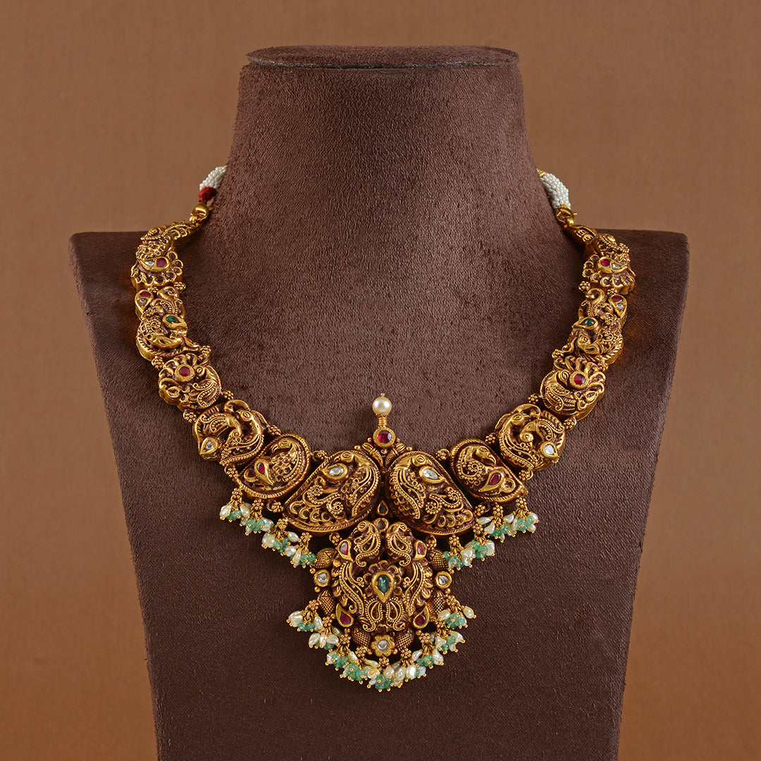 Antique Gold Necklace in Nakshi Work - Krishna Jewellers Pearls and Gems