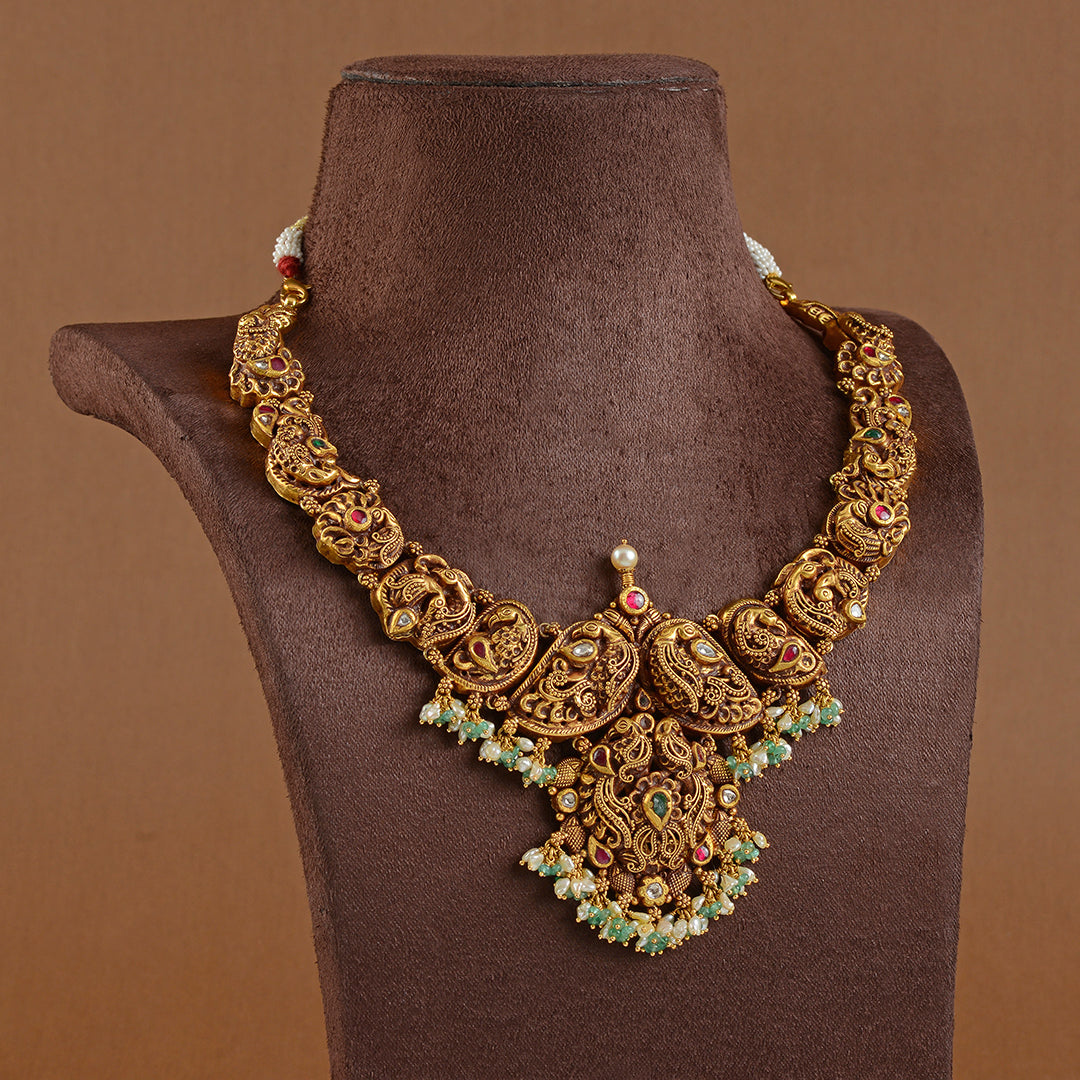 Antique Gold Necklace in Nakshi Work - Krishna Jewellers Pearls and Gems