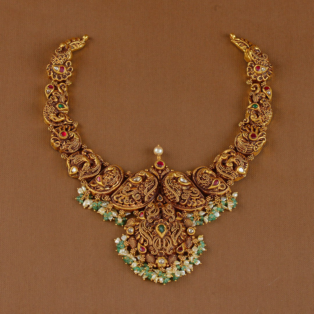 Antique Gold Necklace in Nakshi Work - Krishna Jewellers Pearls and Gems