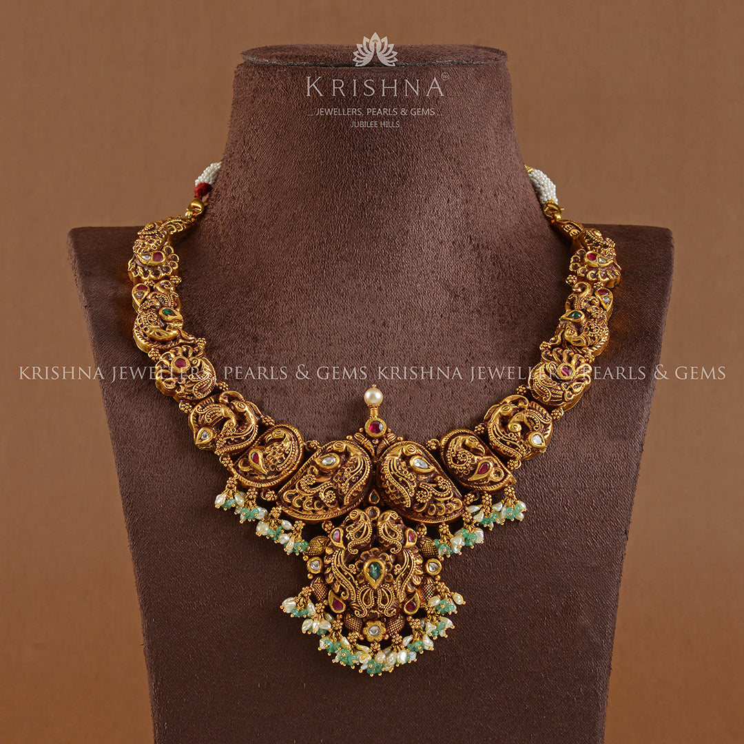 Antique Gold Necklace in Nakshi Work - Krishna Jewellers Pearls and Gems