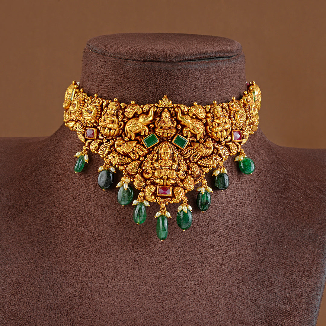 22K Gold Nakshi Choker in V-Shape - Krishna Jewellers Pearls and Gems