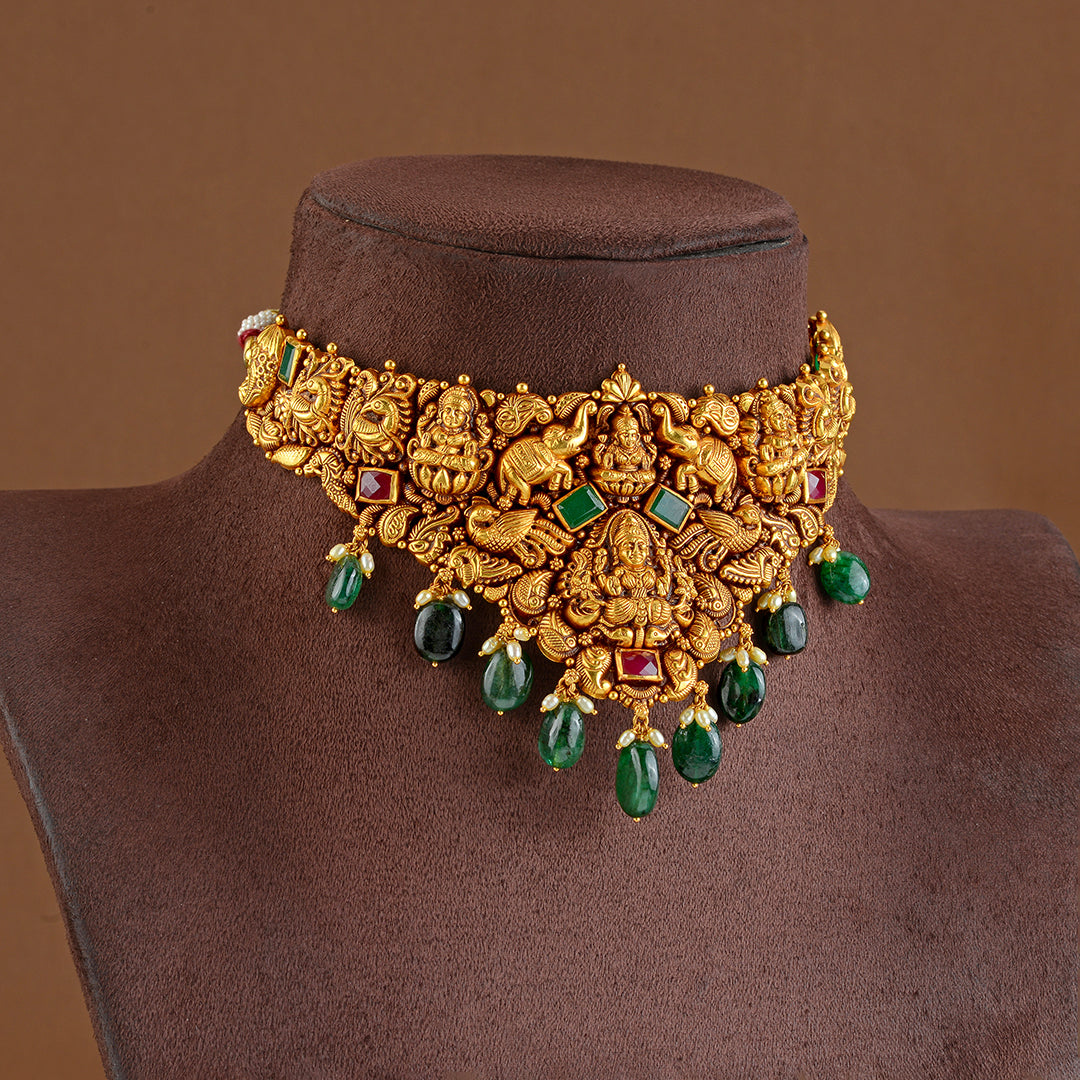 22K Gold Nakshi Choker in V-Shape - Krishna Jewellers Pearls and Gems