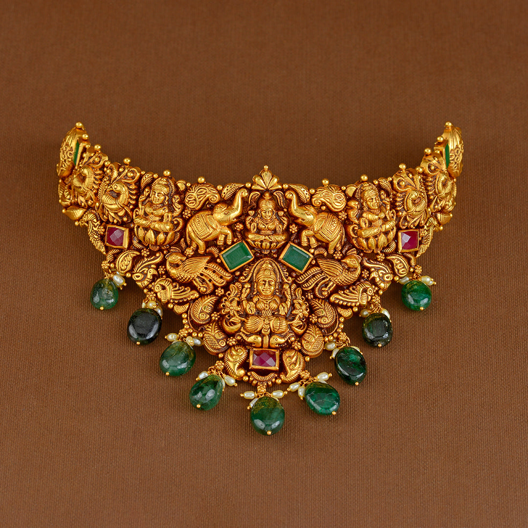 22K Gold Nakshi Choker in V-Shape - Krishna Jewellers Pearls and Gems