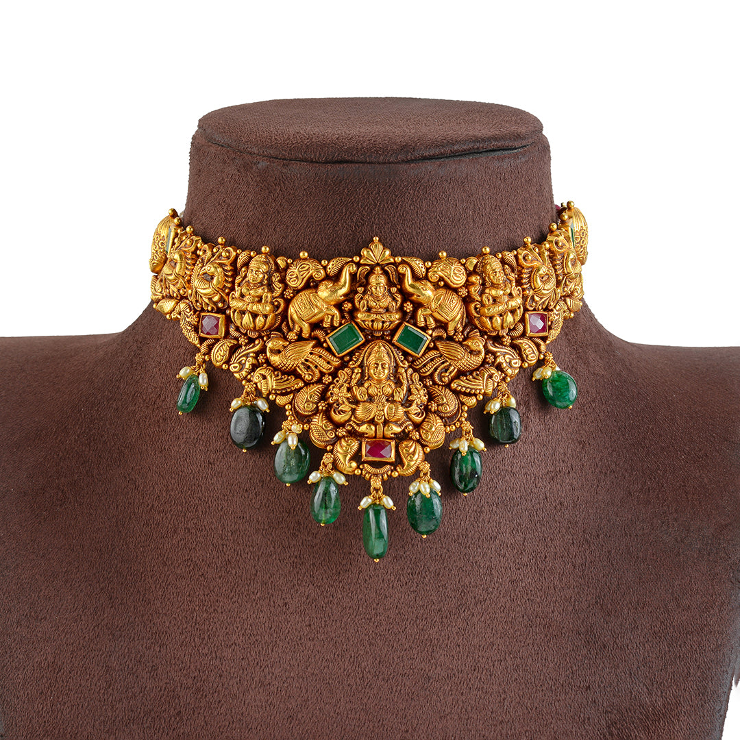 22K Gold Nakshi Choker in V-Shape - Krishna Jewellers Pearls and Gems