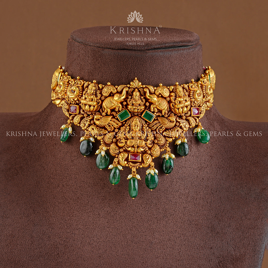 22K Gold Nakshi Choker in V-Shape - Krishna Jewellers Pearls and Gems