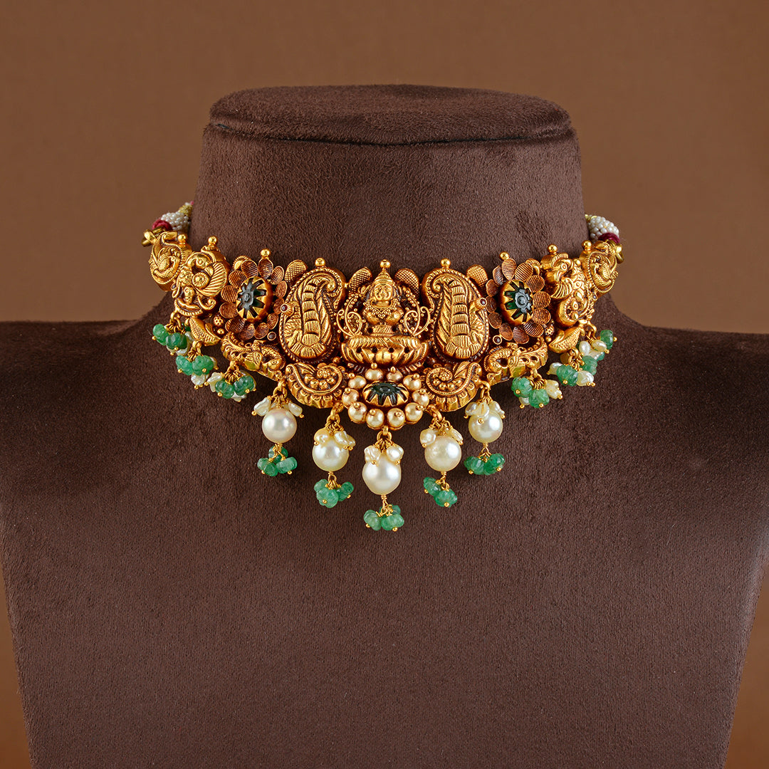 22K Gold Laxmi Devi Choker Necklace with Kharbuja Beads - Krishna Jewellers Pearls and Gems