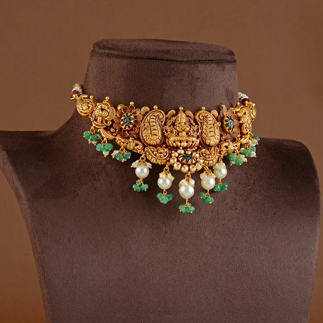 22K Gold Laxmi Devi Choker Necklace with Kharbuja Beads - Krishna Jewellers Pearls and Gems