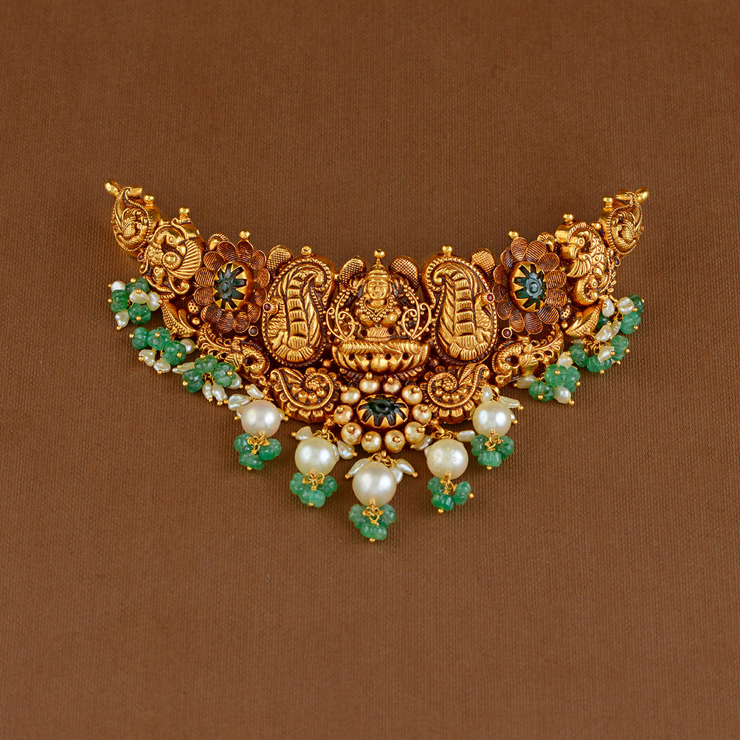 22K Gold Laxmi Devi Choker Necklace with Kharbuja Beads - Krishna Jewellers Pearls and Gems
