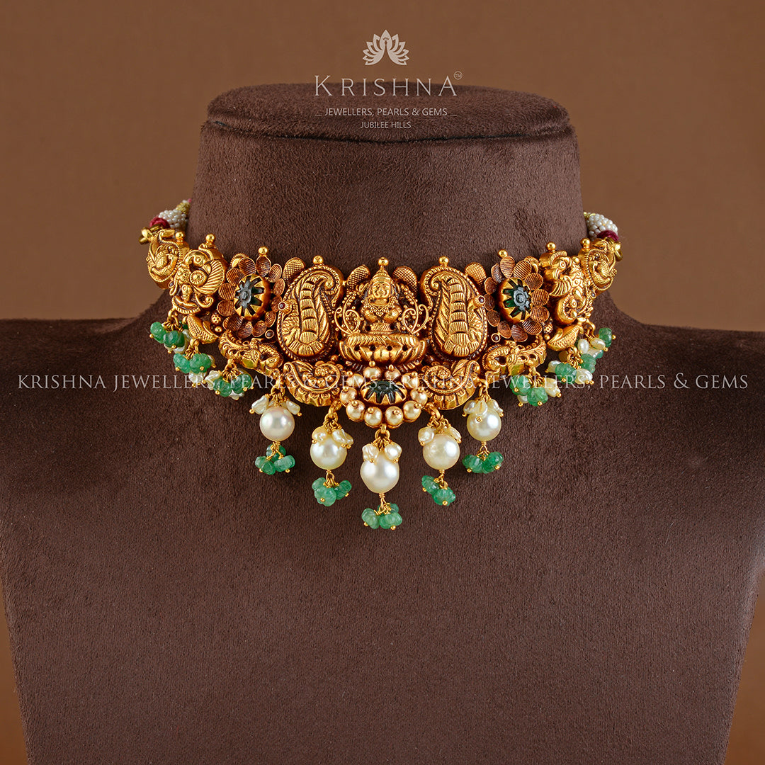 22K Gold Laxmi Devi Choker Necklace with Kharbuja Beads - Krishna Jewellers Pearls and Gems