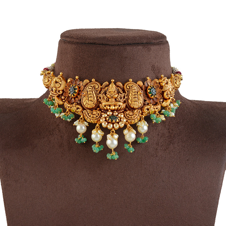 22K Gold Laxmi Devi Choker Necklace with Kharbuja Beads - Krishna Jewellers Pearls and Gems