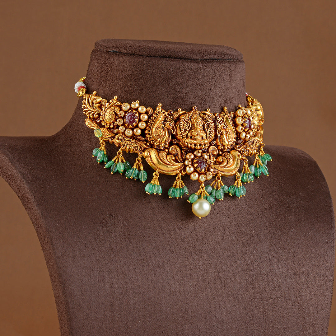 22K Gold Choker Necklace in Nakshi WorK - Krishna Jewellers Pearls and Gems