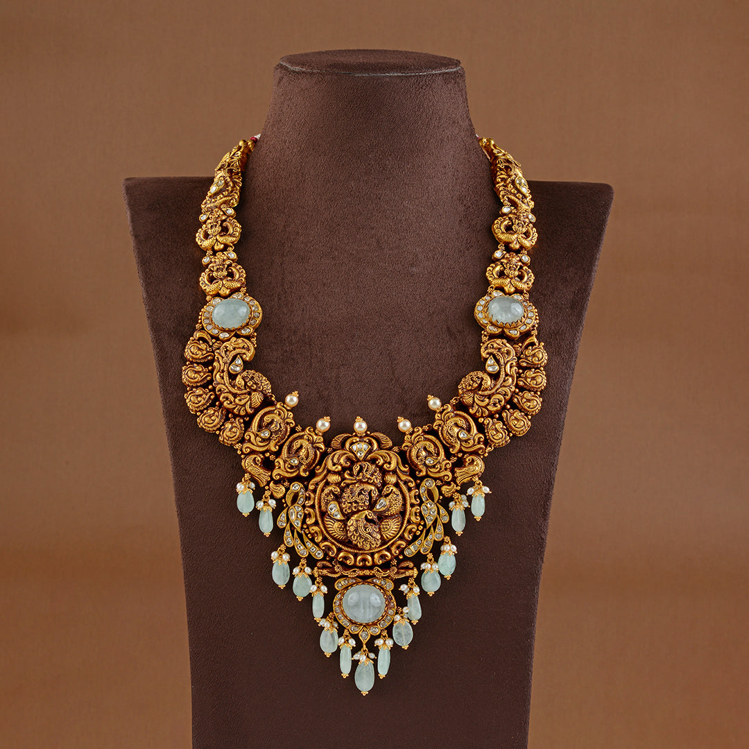 Antique Gold Long Necklace in Peacock Motif - Krishna Jewellers Pearls and Gems