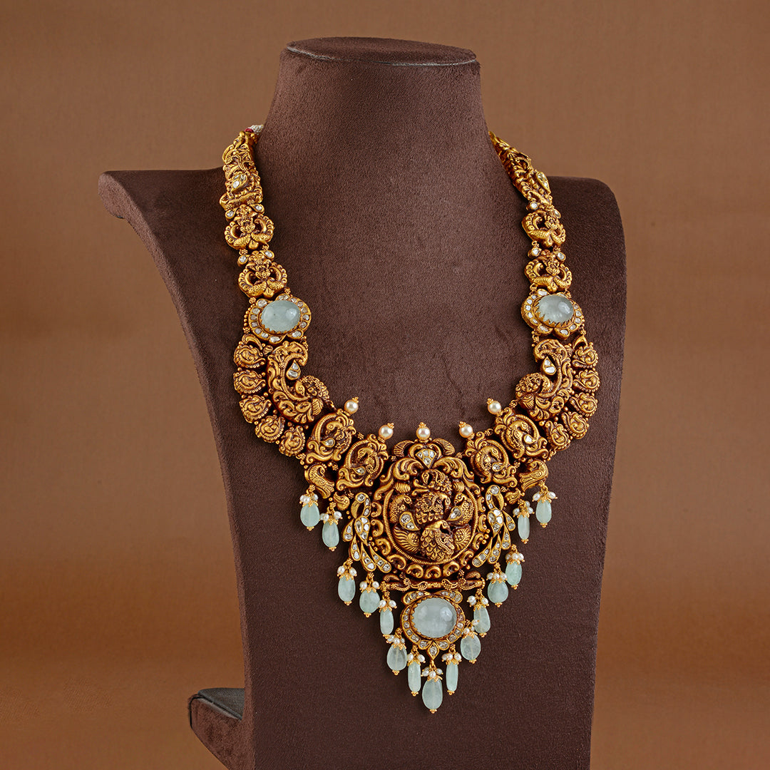 Antique Gold Long Necklace in Peacock Motif - Krishna Jewellers Pearls and Gems
