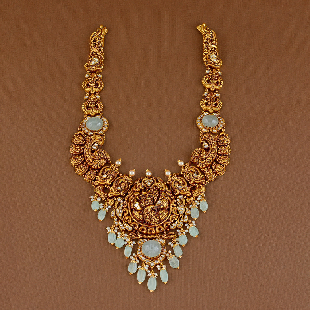 Antique Gold Long Necklace in Peacock Motif - Krishna Jewellers Pearls and Gems