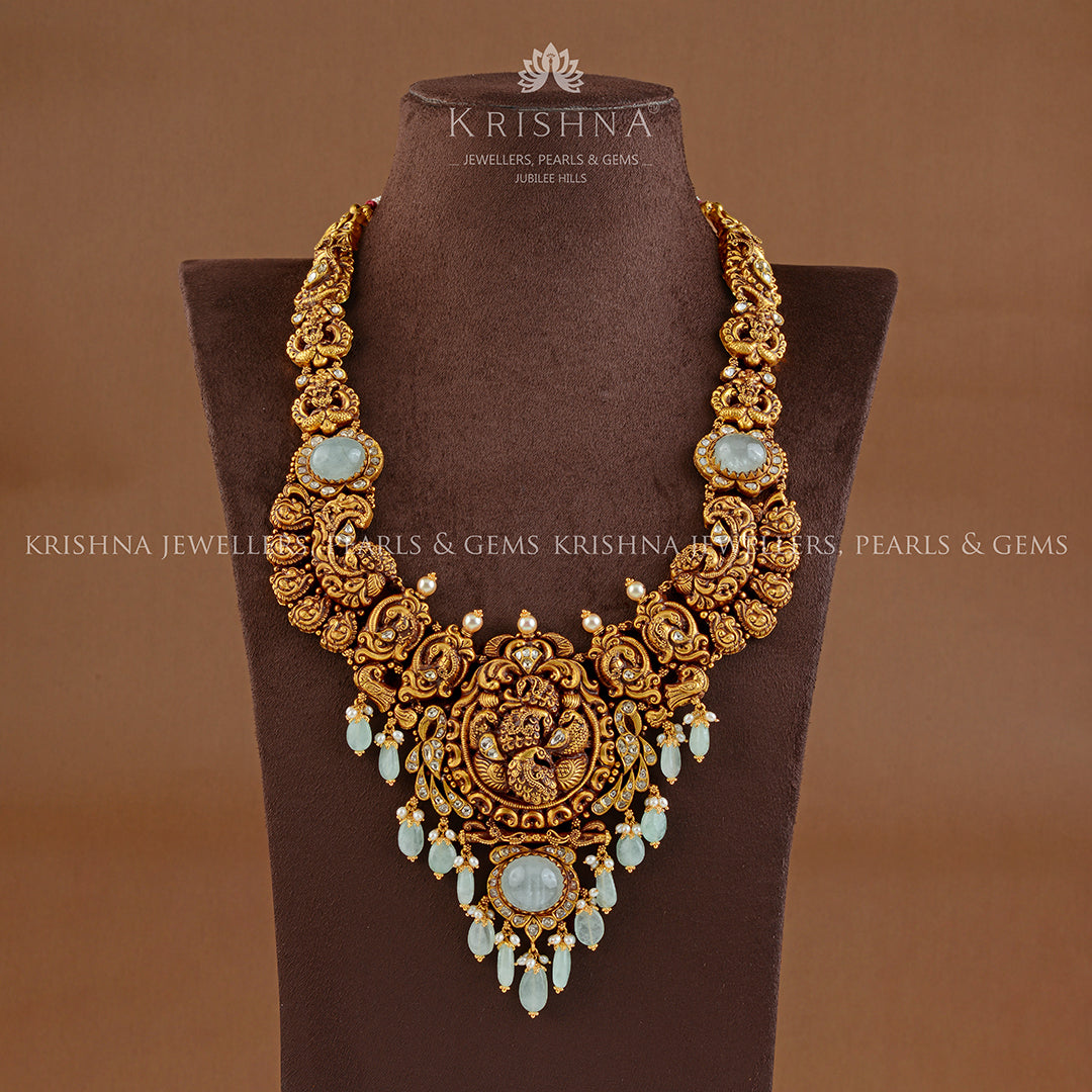 Antique Gold Long Necklace in Peacock Motif - Krishna Jewellers Pearls and Gems