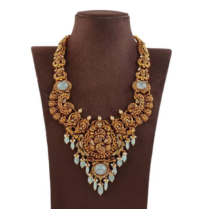 Antique Gold Long Necklace in Peacock Motif - Krishna Jewellers Pearls and Gems