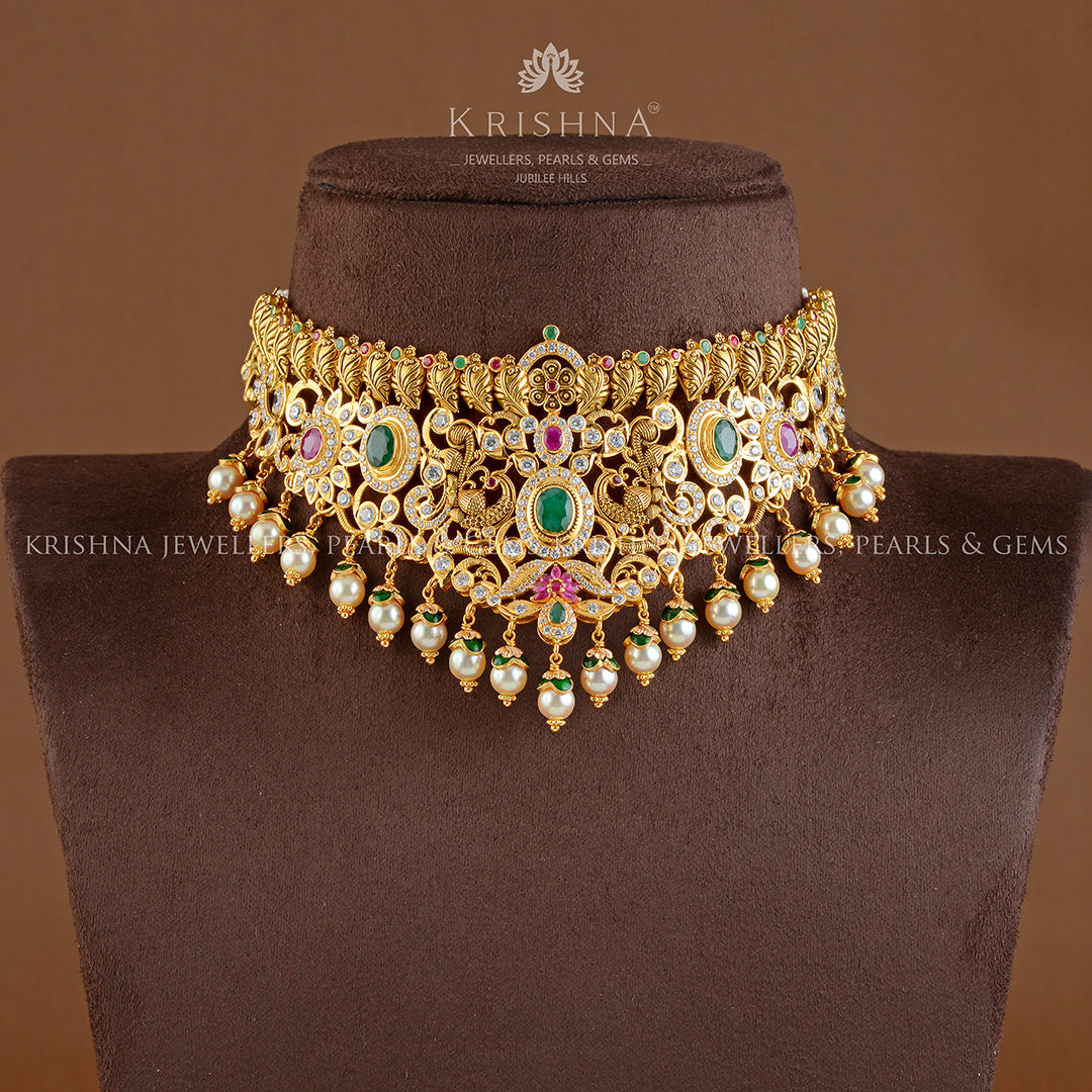 22K Gold Choker in V-Shape - Krishna Jewellers Pearls and Gems