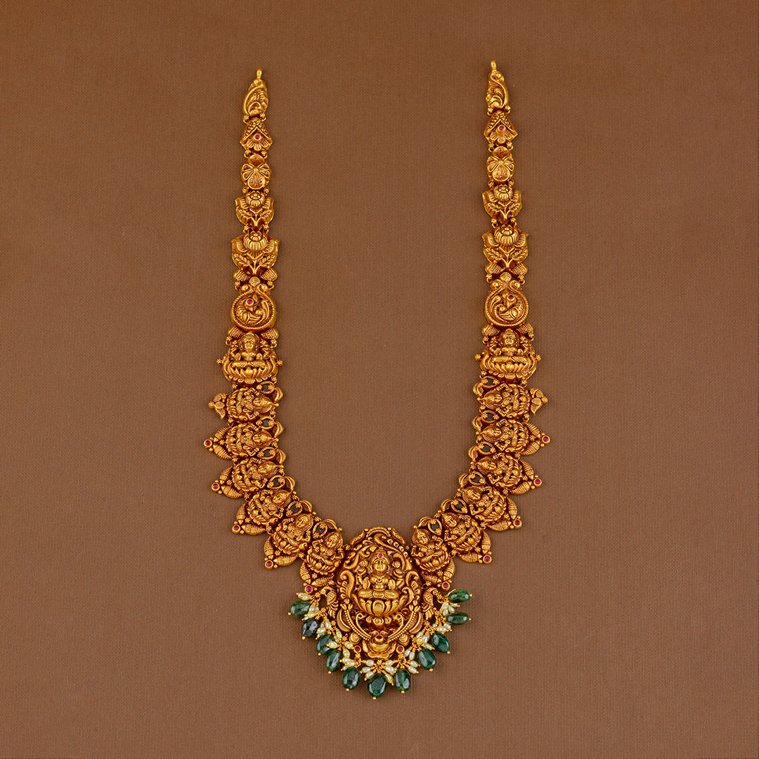 Goddess Lakshmi Long Gold Haram - Krishna Jewellers Pearls and Gems