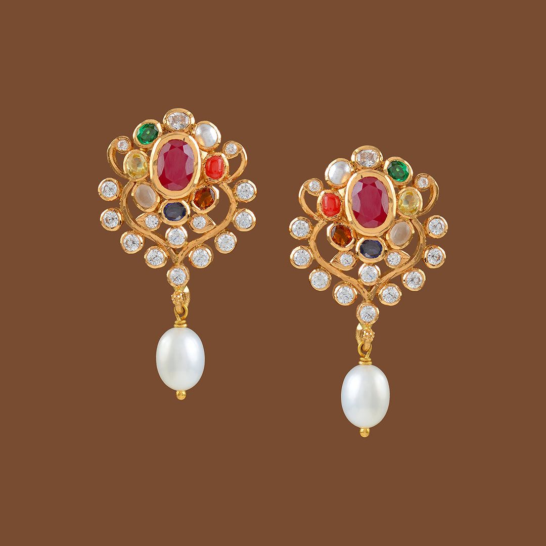 22k Gold Navaratan Earrings with Hanging Pearls - Krishna Jewellers Pearls and Gems