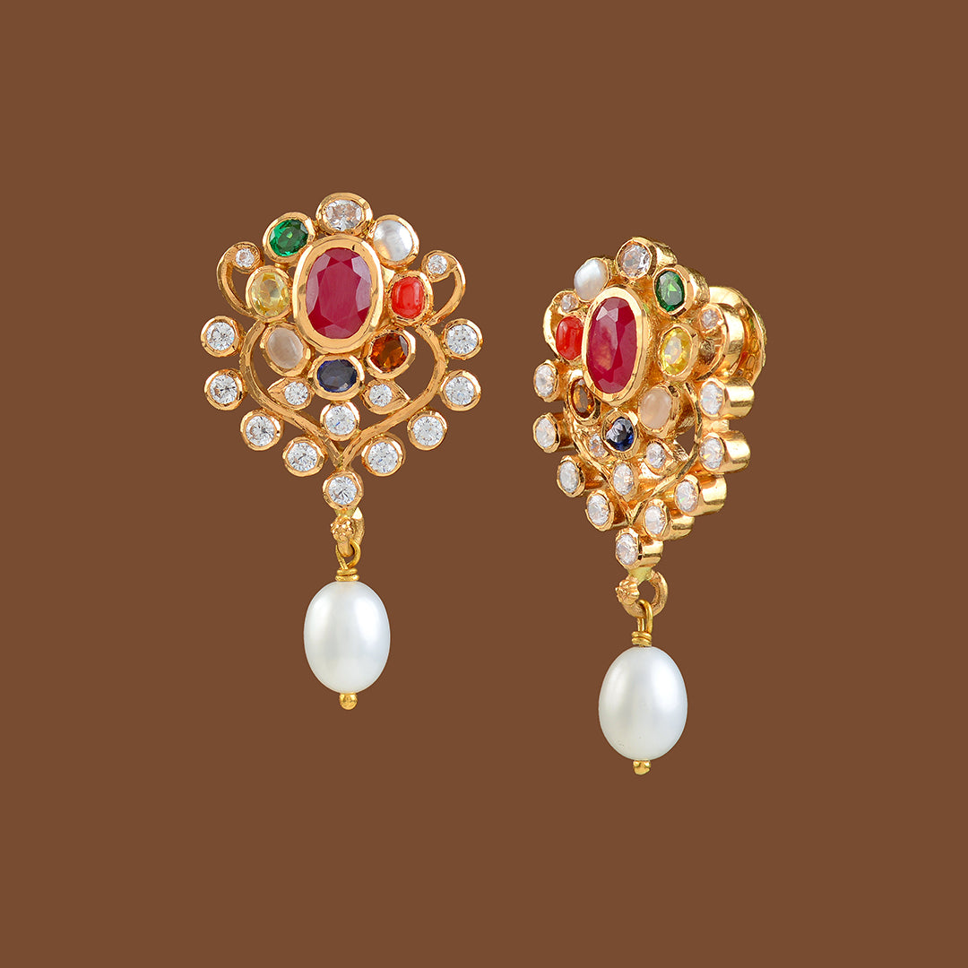 22k Gold Navaratan Earrings with Hanging Pearls - Krishna Jewellers Pearls and Gems