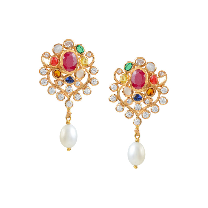 22k Gold Navaratan Earrings with Hanging Pearls - Krishna Jewellers Pearls and Gems