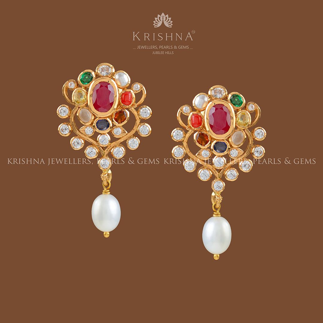 22k Gold Navaratan Earrings with Hanging Pearls - Krishna Jewellers Pearls and Gems