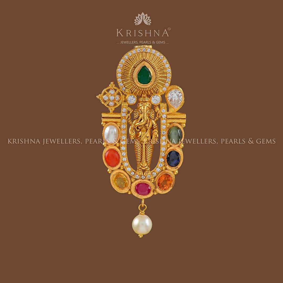 Navaratna Ganesha Gold Pendant - Krishna Jewellers Pearls and Gems