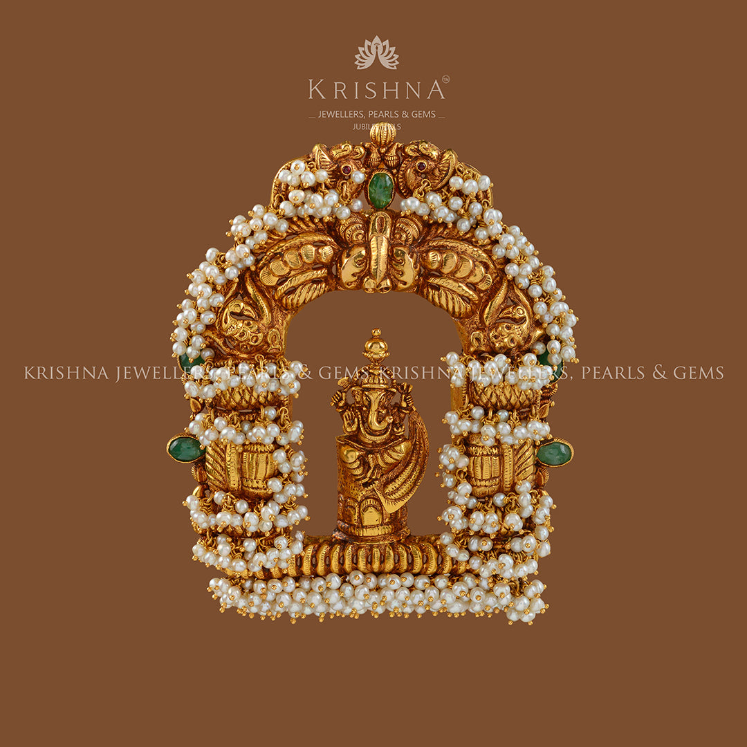 Lord Ganesha Gold Pendant with Pearl Work - Krishna Jewellers Pearls and Gems