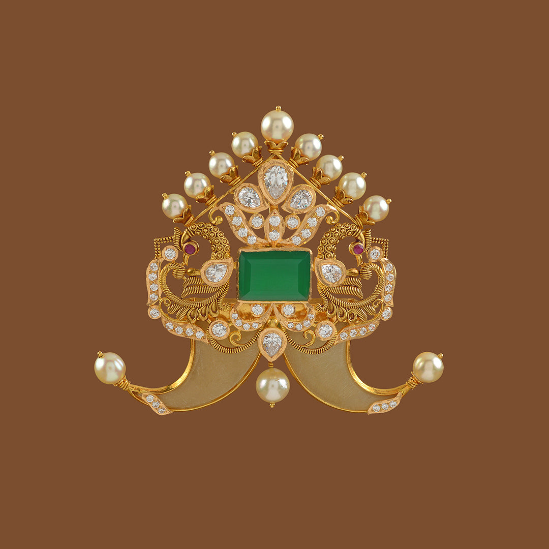 Traditional Puligoru Peacock Gold Pendant - Krishna Jewellers Pearls and Gems