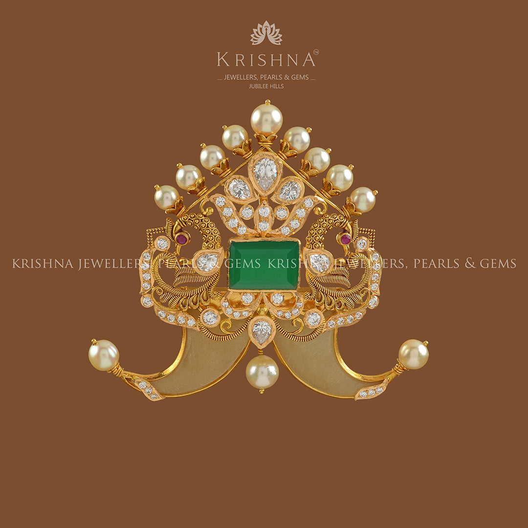 Traditional Puligoru Peacock Gold Pendant - Krishna Jewellers Pearls and Gems