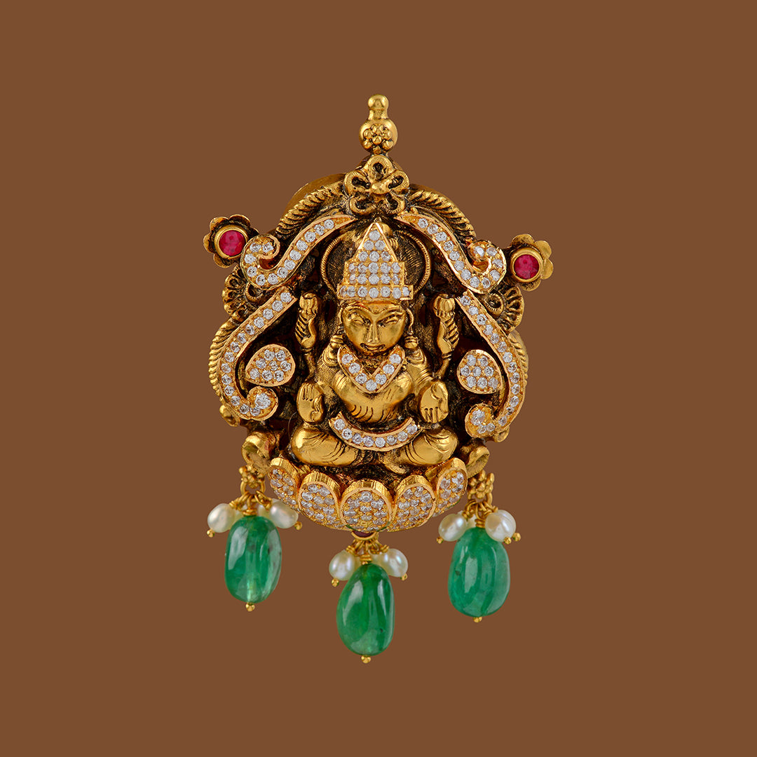 Goddess Lakshmi With Hanging Emerald Pendant - Krishna Jewellers Pearls and Gems