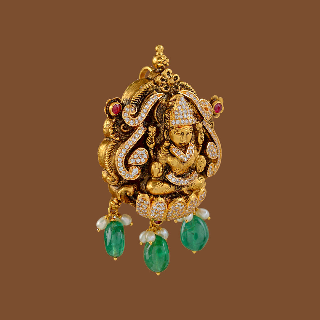 Goddess Lakshmi With Hanging Emerald Pendant - Krishna Jewellers Pearls and Gems