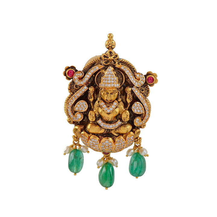 Goddess Lakshmi With Hanging Emerald Pendant - Krishna Jewellers Pearls and Gems