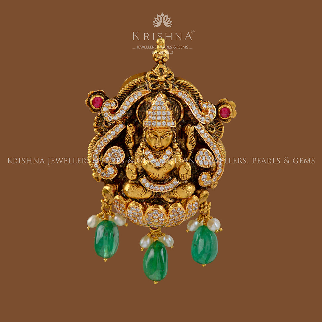 Goddess Lakshmi With Hanging Emerald Pendant - Krishna Jewellers Pearls and Gems