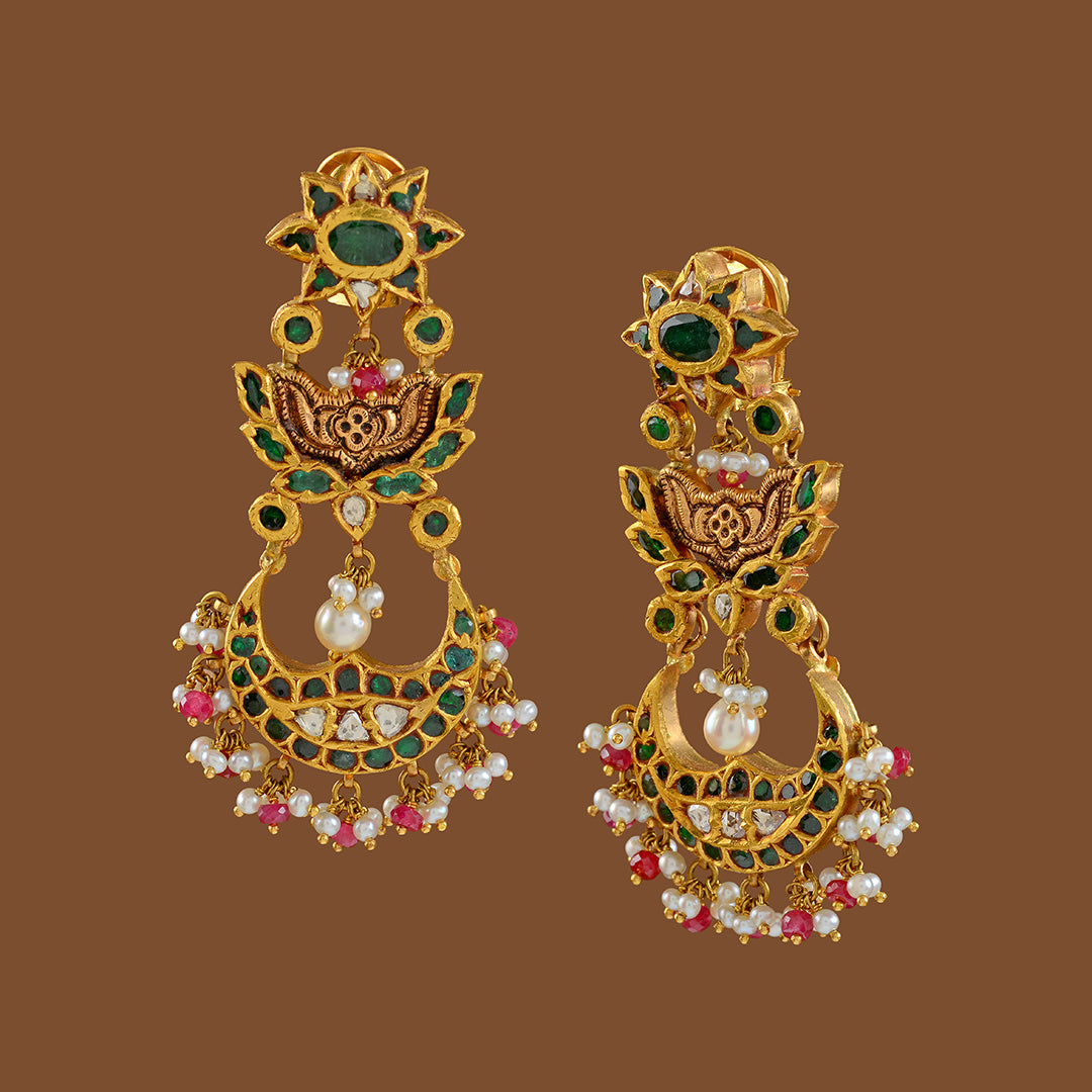 Gold Jhumka Earrings in Sunflower Motif - Krishna Jewellers Pearls and Gems
