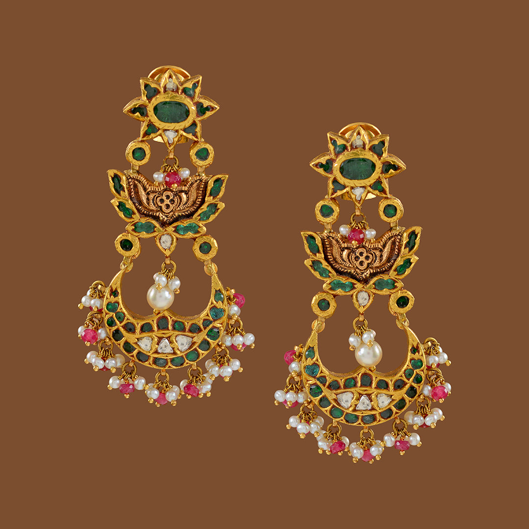 Gold Jhumka Earrings in Sunflower Motif - Krishna Jewellers Pearls and Gems