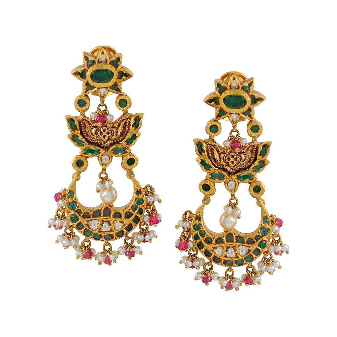 Gold Jhumka Earrings in Sunflower Motif - Krishna Jewellers Pearls and Gems