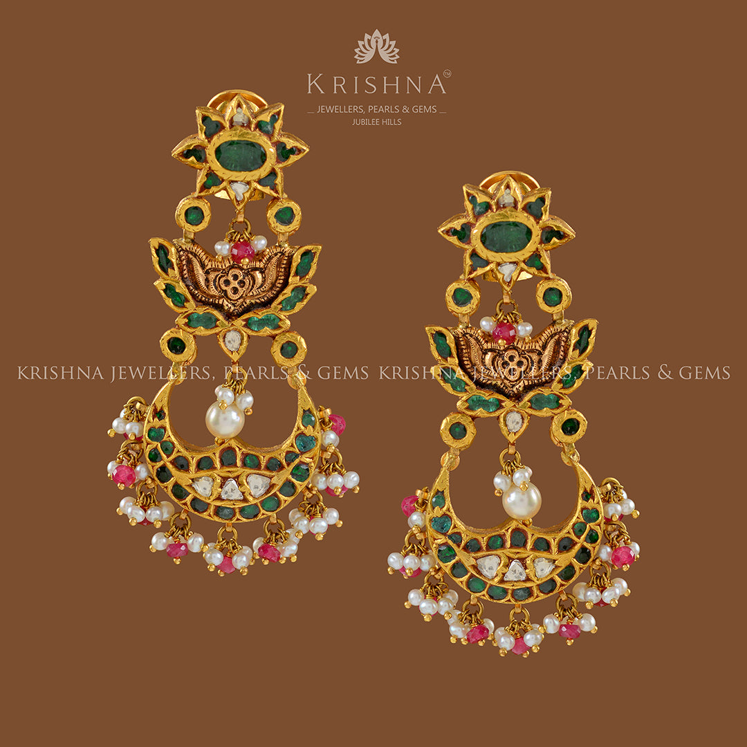Gold Jhumka Earrings in Sunflower Motif - Krishna Jewellers Pearls and Gems