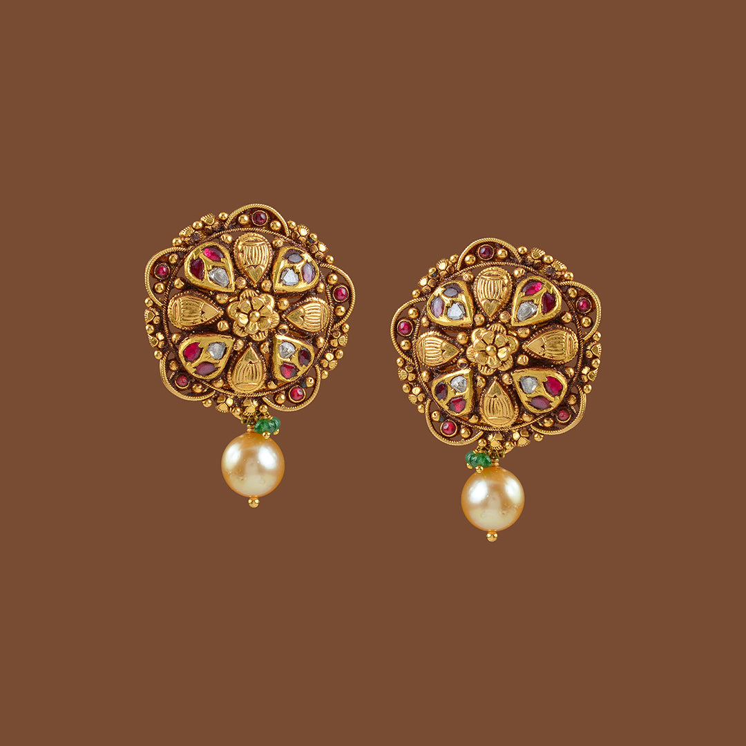 22k Gold Studs with Hanging Pearl - Krishna Jewellers Pearls and Gems